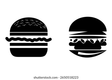 Dois ícones de silhueta preta de hambúrgueres em um fundo branco representando fast-food e culinária