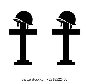 Two black silhouette military helmets resting on memorial crosses for fallen soldiers