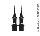 Two black silhouette minarets with pointed spires and arched windows mosque islam