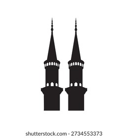 Two black silhouette minarets with pointed spires and arched windows mosque islam