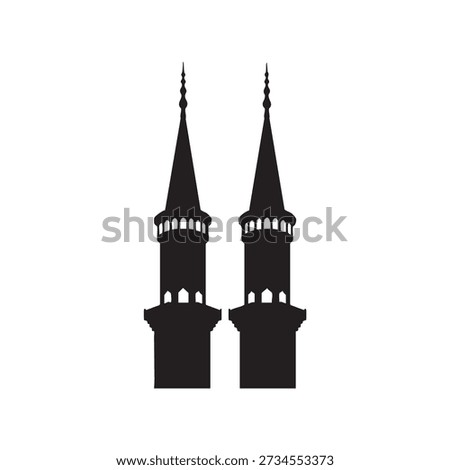 Two black silhouette minarets with pointed spires and arched windows mosque islam