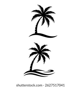 Two black silhouette palm trees stand tall in this vector illustration, evoking the essence of a tropical paradise. Perfect for representing summer vacation destinations, 