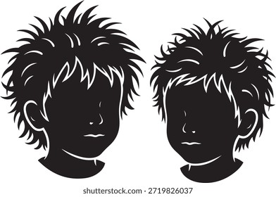 Two black silhouette profiles of young boys with spiky hair and simple facial on a white background