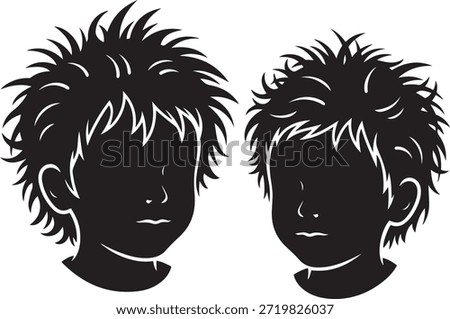 Two black silhouette profiles of young boys with spiky hair and simple facial on a white background