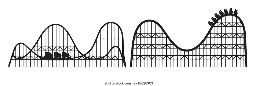 two black silhouette roller coasters one showing passengers