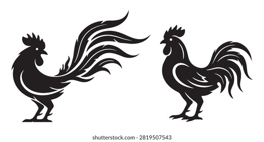 Two black silhouette rooster icons isolated as a vector design element set Vector