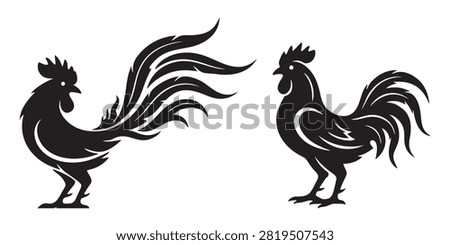 Two black silhouette rooster icons isolated as a vector design element set Vector