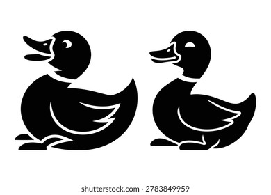 Two black silhouette of sitting ducks, one quacking and one smiling bird waterfowl