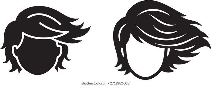 Two black silhouette of stylized human heads with flowing hair on a white background person face