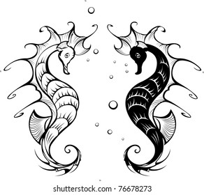 Two black silhouette stylized seahorses on a white background.