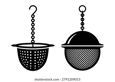 Two black silhouette tea strainers with chains on white background, strainer