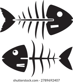 Two black silhouette vector icons showing fish skeletons. These graphics depict remains or remnants of fish. Simple and clear illustration.