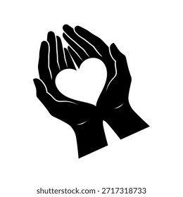 Dos manos de silueta negra están ahuecadas juntas, creando una forma de corazón blanco en el centro, simbolizando cuidado, amor y protección.