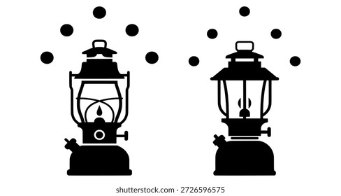 Two black silhouetted lanterns with lit wicks surrounded by floating dots on a white background.
