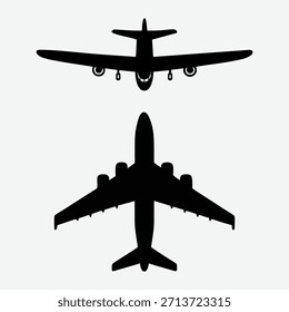 Two black silhouettes of airplanes viewed from the top, one smaller and one larger, set against a white background. Represents aviation and travel concepts.