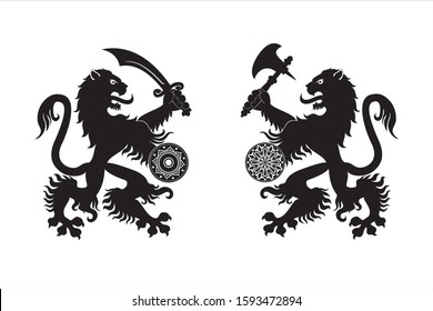 Two black silhouettes of armed heraldic lions.