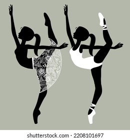 Dos siluetas negras de hermosas bailarinas vestidas con bailarinas blancas. Ilustración del vector