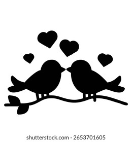 Duas silhuetas pretas de pássaros estão empoleiradas em um galho, viradas uma para a outra e parecendo beijar. Vários corações negros flutuam acima deles, simbolizando amor e romance.