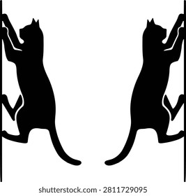 Two black silhouettes of cats climbing or scratching a vertical surface, mirrored composition, isolated on a white background, for pet decor