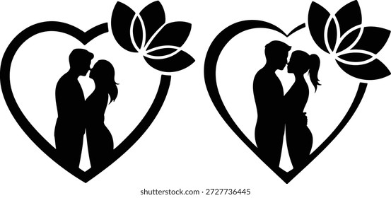 Dos siluetas negras de una pareja abrazando dentro de las Formas del corazón con acentos de flores blancas