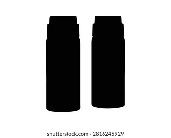 Two black silhouettes of cylindrical spray bottles with caps, side by side, isolated on a white background. Flat for products.
