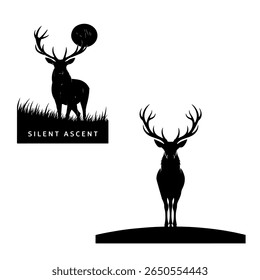 Two Black Silhouettes of Deer Majestic Antlers Grassland Background Silent Ascent Design