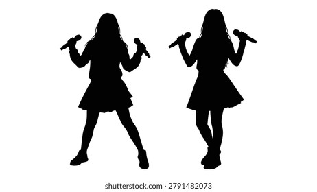Two black silhouettes depict singers holding microphones, set against a plain white background. The figures are in dynamic performance poses.