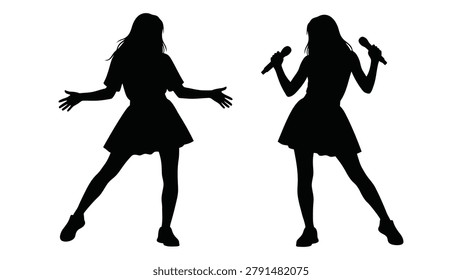 Two black silhouettes depict singers, one holding a microphone and the other with open arms, set against a white background.