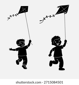 Dos siluetas negras representan a niños jóvenes jugando alegremente con cometas contra un fondo blanco limpio, uno de pie y el otro corriendo.