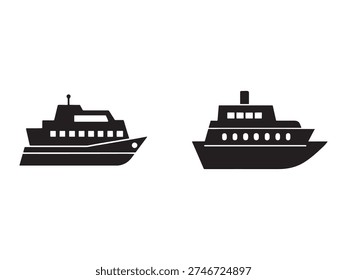 Two black silhouettes of different ferry boats side by side on white background ships vessels