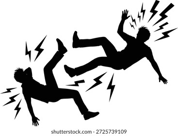 Two black silhouettes falling with lightning bolts around them