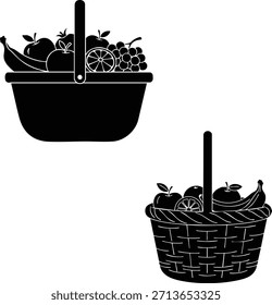 Dos siluetas negras de canastas de frutas con Vector de frutas frescas y saludables