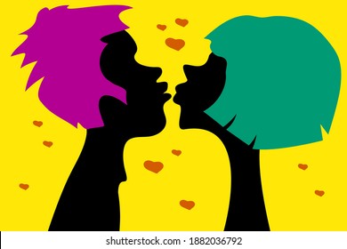 Two black silhouettes of a girlfriend and a boyfriend on bright yellow backgrounds are going to kiss each other. Small orange hearts are all around. Feeling love. Characters has colorful hair style.