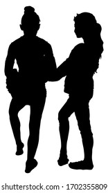 Two black silhouettes of girls of the cheerleaders on a white background. Sport, cheerleading, performance, pompon, training, achievement, zeal.