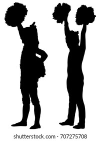 Two black silhouettes of girls cheerleaders on a white background. Sports, cheerleading. 