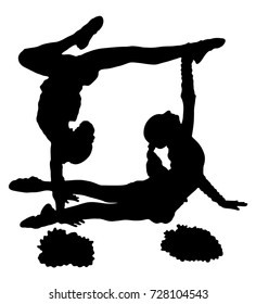 Two black silhouettes of girls cheerleaders on a white background. Sports, cheerleading.