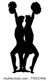 Two black silhouettes of girls of cheerleaders on a white background. Duet, sport, cheerleading.