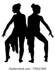 Two black silhouettes of girls of gymnasts on a white background. Performance, sport, duet.