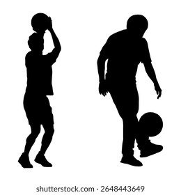 Duas silhuetas pretas de atletas do sexo masculino: um jogador de basquete em uma pose de tiro e um jogador de futebol (futebol) fazendo malabarismo com a bola. Ambos isolados em um fundo branco limpo.