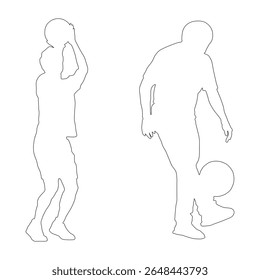 Two black silhouettes of male athletes: one basketball player in a shooting pose and one football (soccer) player juggling the ball. Both isolated on a clean white background. vector illustration.