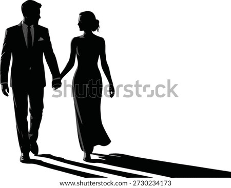 Two black silhouettes, a man in a suit and a woman in a gown, hold hands as they walk, symbolizing enduring connection.