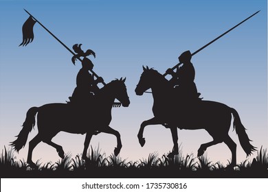 dos siluetas negras de caballeros medievales con lanzas sobre caballos en un campo, contra el fondo del cielo del amanecer, imagen vectorial aislada