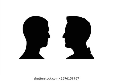 Two black silhouettes of men are facing each other side by side against a white background. The design emphasizes their profiles and suggests a conversation or connection.