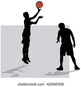 Two black silhouettes of men playing basketball with color ball on white background