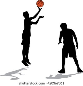 Two black silhouettes of men playing basketball with color ball on white background