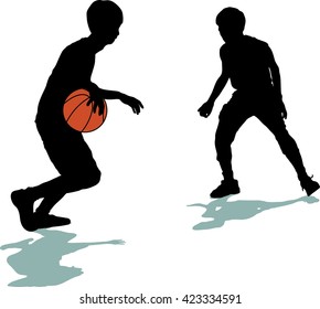 Two black silhouettes of men playing basketball with color ball on white background