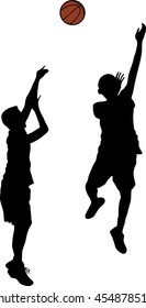 Two black silhouettes of men playing basketball with color ball on white background, jumping for shot, concept of hope