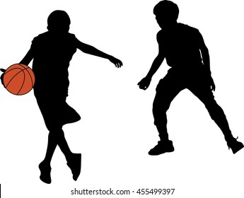 Two black silhouettes of men playing basketball with color ball on white background, jumping for shot, concept of hope
