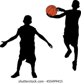 Two black silhouettes of men playing basketball with color ball on white background, jumping for shot, concept of hope