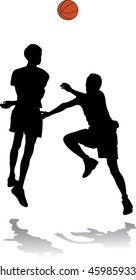 Two black silhouettes of men playing basketball with color ball on white background, shadow young man